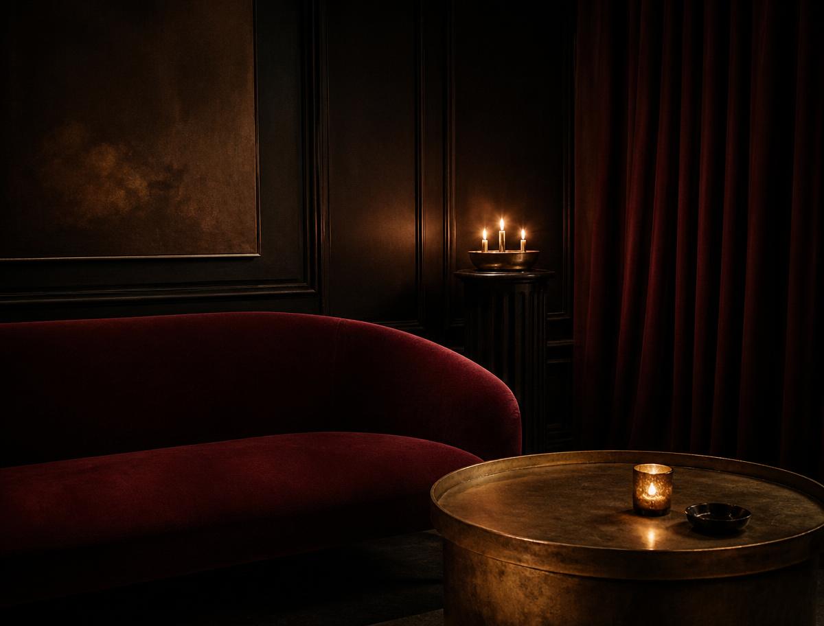 An empty burgundy velvet sofa in a candlelit salon