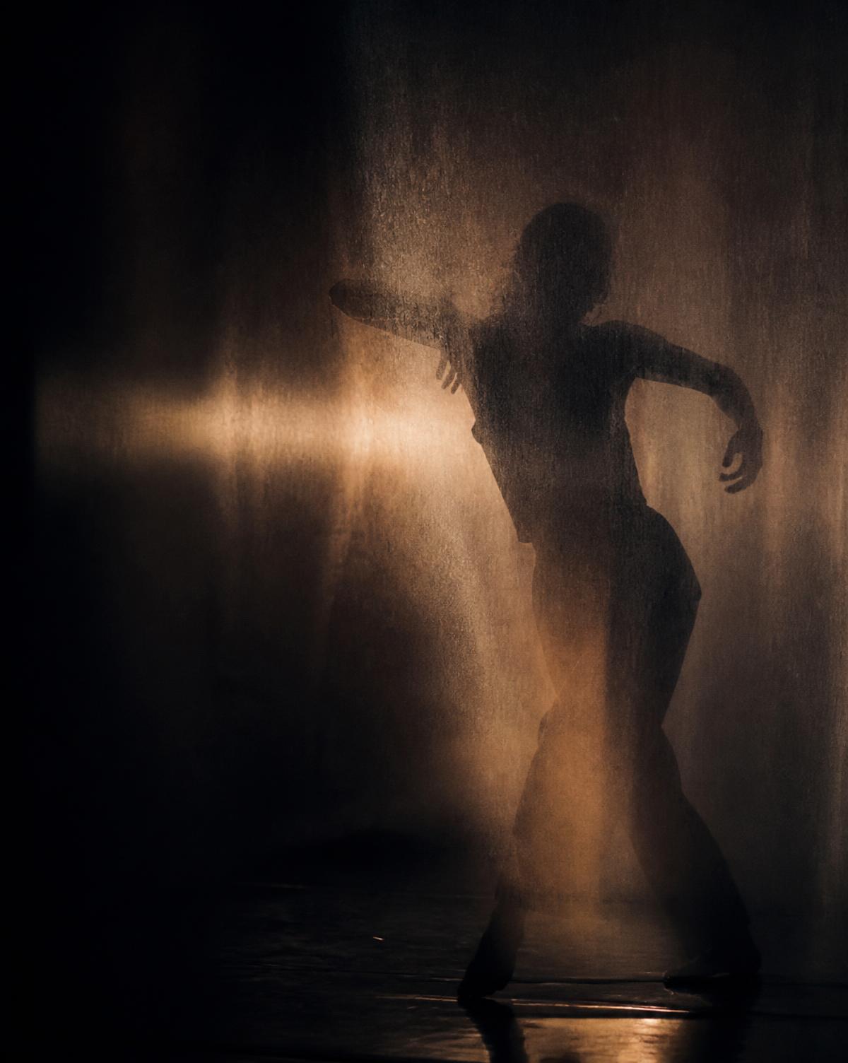 A dancer's silhouette behind a lit scrim