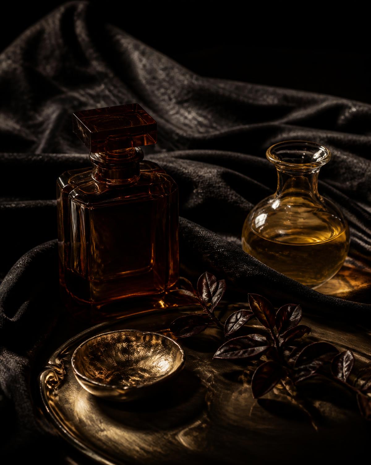 Fragrance and body oil on an antique brass tray